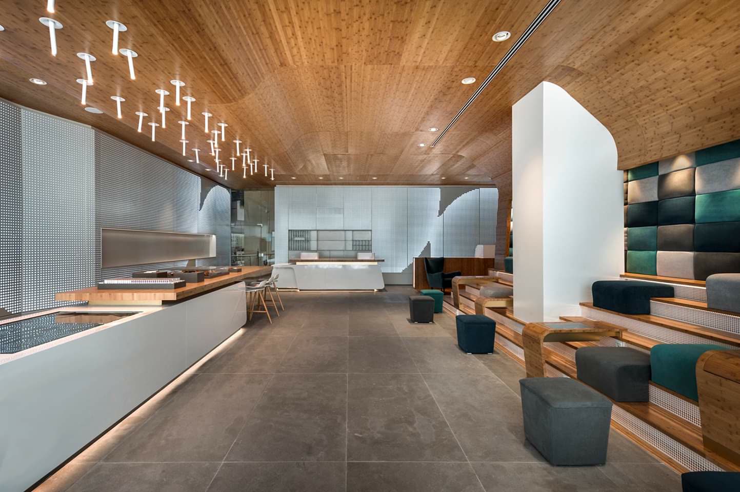 Restaurant interior with wood ceiling and hospitality millwork by iKitchen Cabinetry