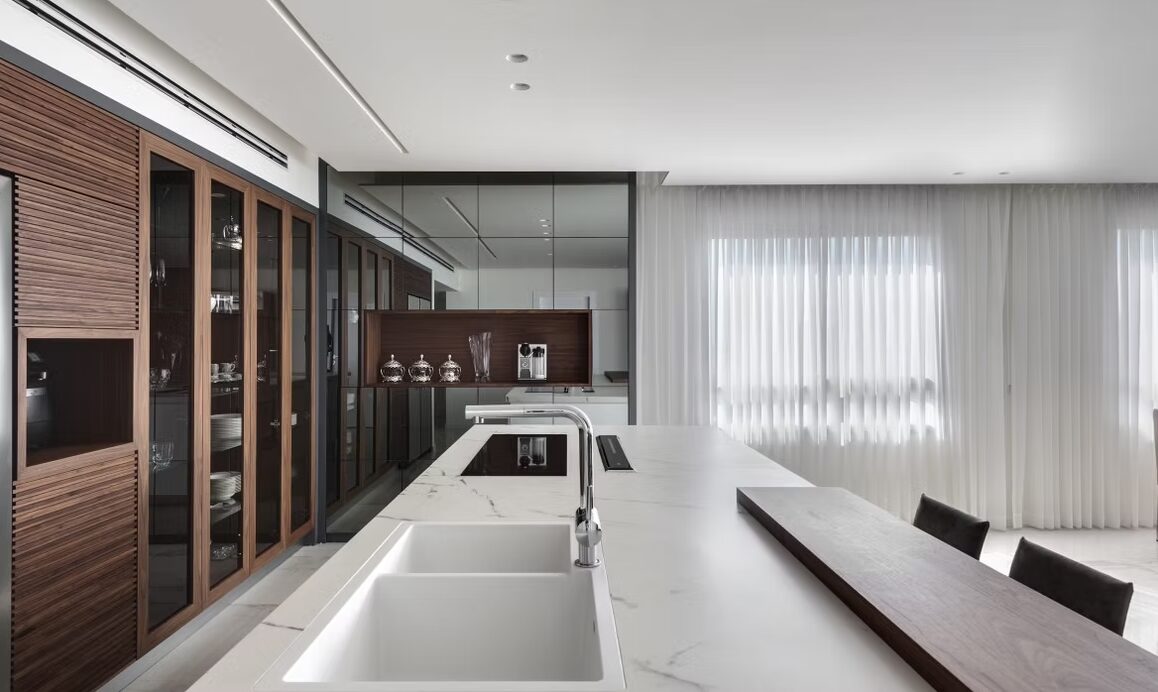 Palissades modern custom kitchen with matte black cabinets and glass by iKitchen Cabinetry