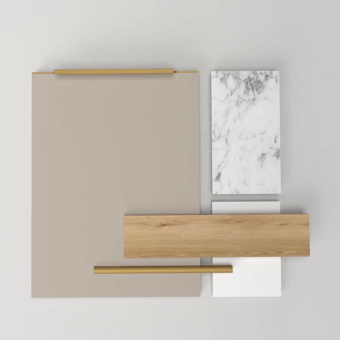 Materials board with marble, wood veneer and brass finish samples by iKitchen Cabinetry